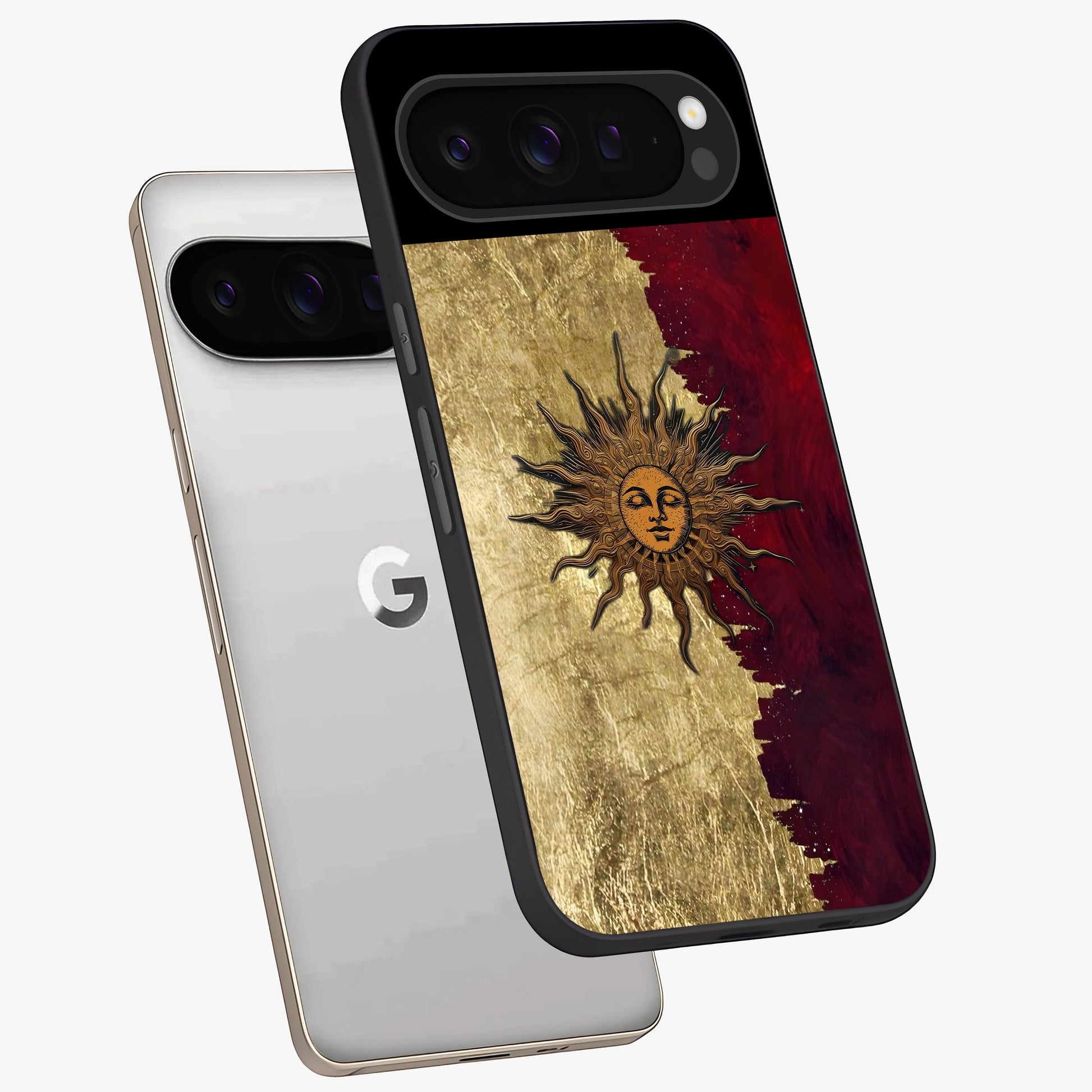 Crimson Sun Majesty Glass Case displayed in angled mockup highlighting majestic crimson sun design with bold aesthetic style.