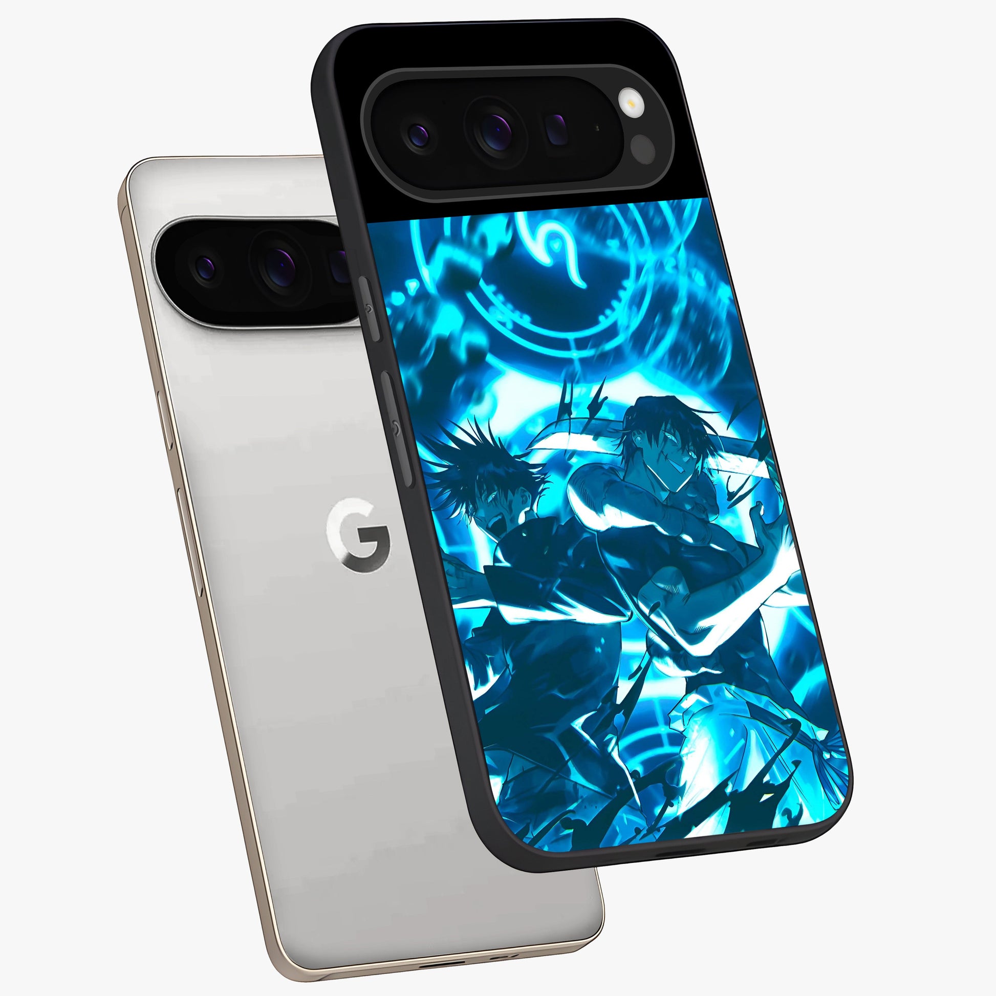 Cursed Energy Clash Glass Case displayed in angled mockup highlighting powerful battle inspired graphic with anime style aesthetic.