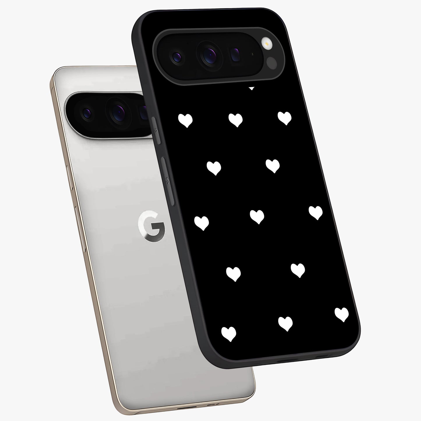Cute And Simple White Hearts Glass Case displayed in angled mockup highlighting cute heart design with clean aesthetic style.