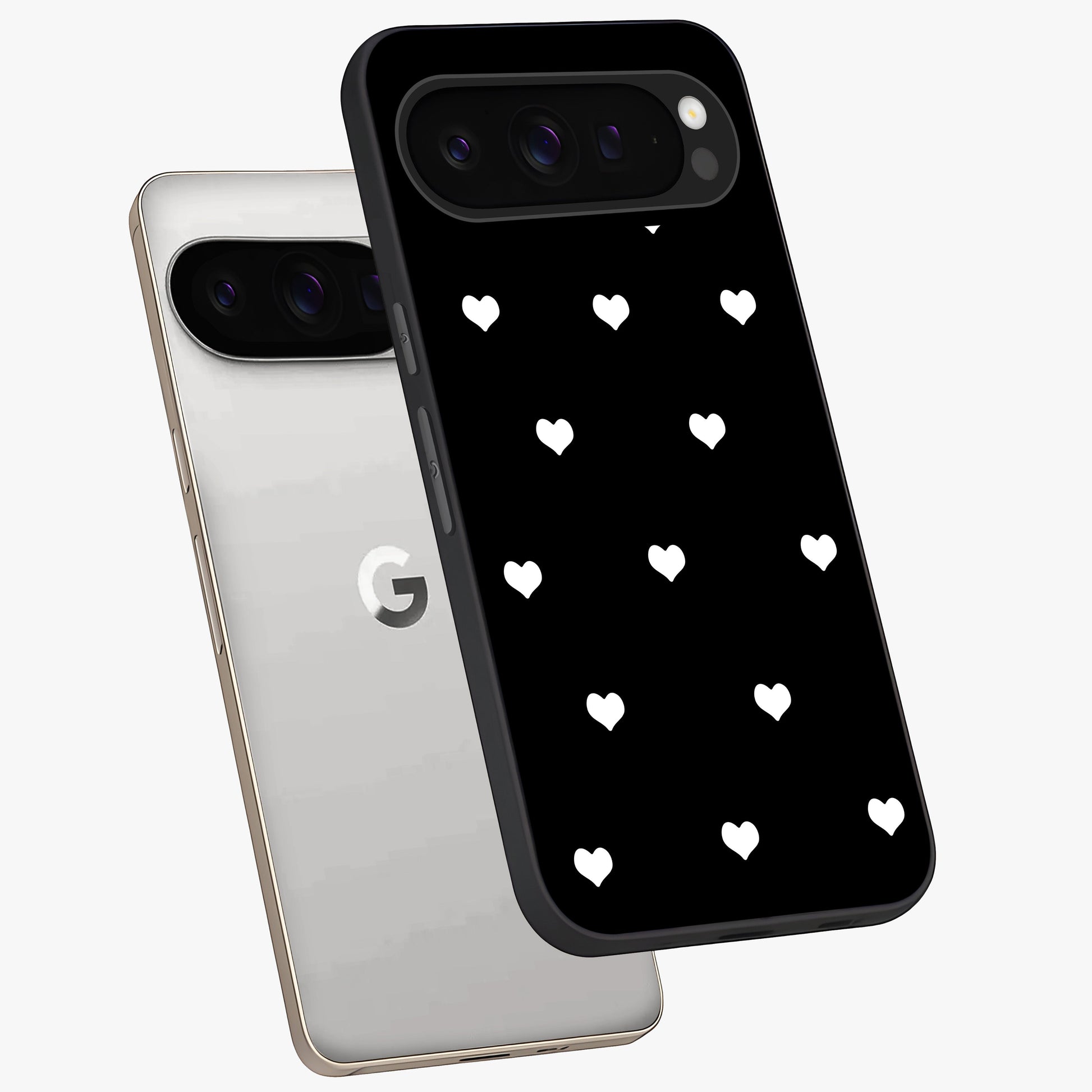 Cute And Simple White Hearts Glass Case displayed in angled mockup highlighting cute heart design with clean aesthetic style.