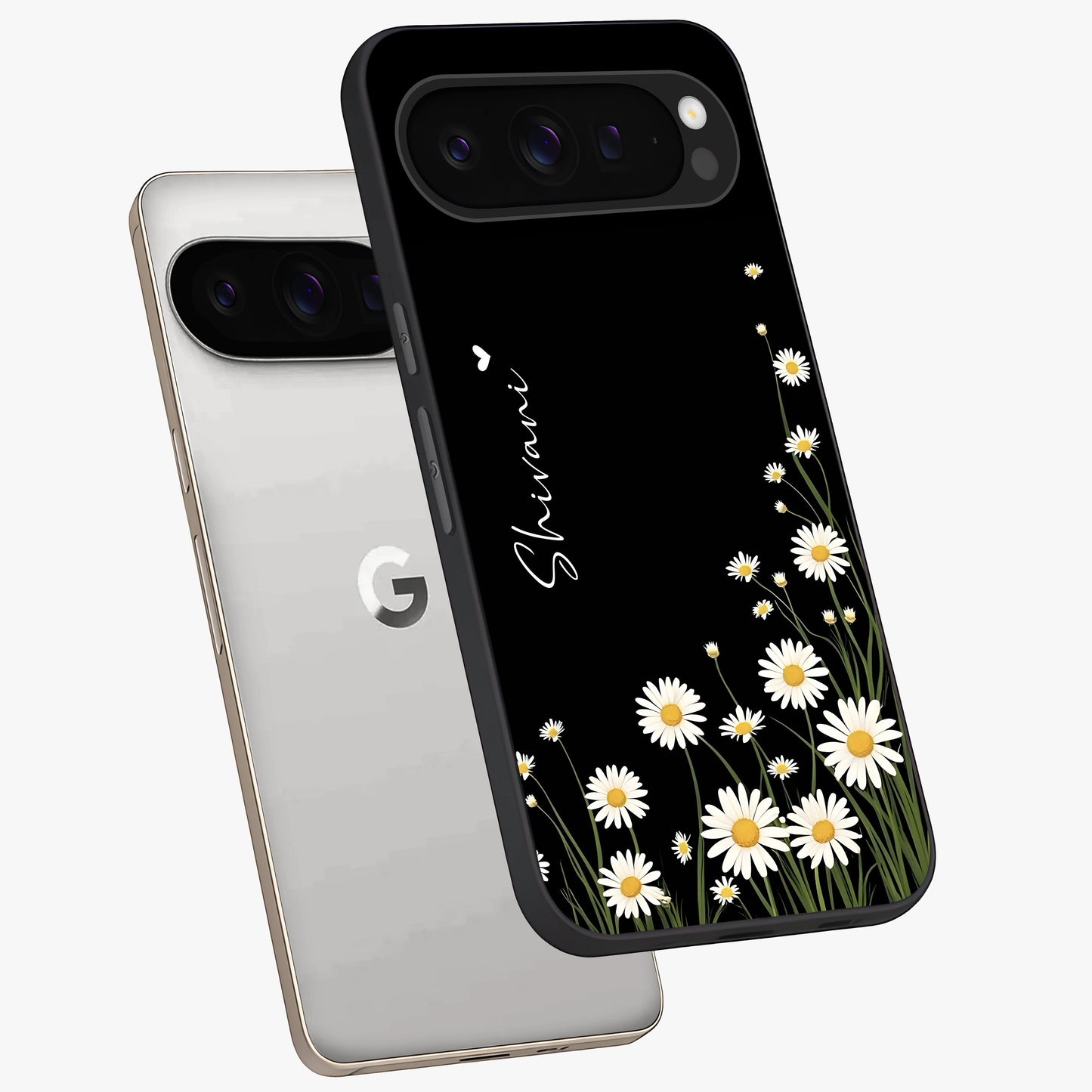 Daisy Cascade Custom Name Glass Case displayed in angled mockup highlighting delicate daisy artwork with custom name feature.