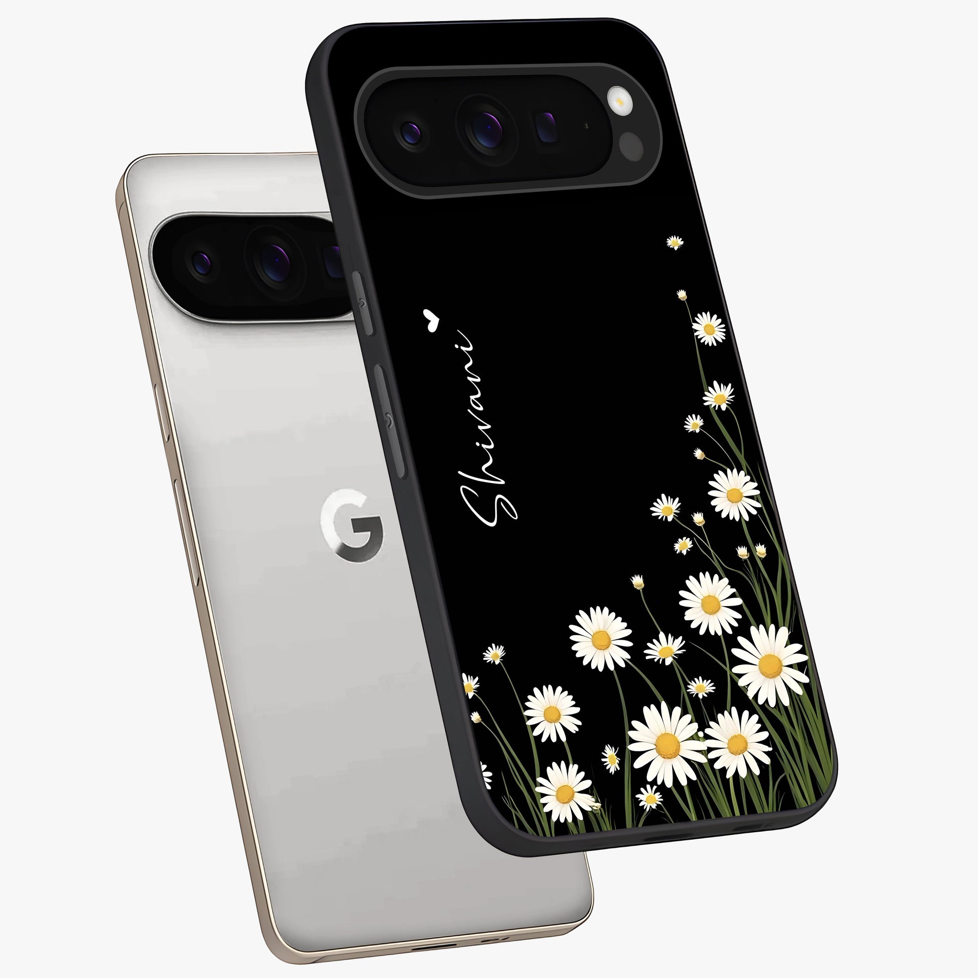 Daisy Cascade Custom Name Glass Case displayed in angled mockup highlighting delicate daisy artwork with custom name feature.