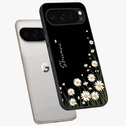 Daisy Cascade Custom Name Glass Case displayed in angled mockup highlighting delicate daisy artwork with custom name feature.