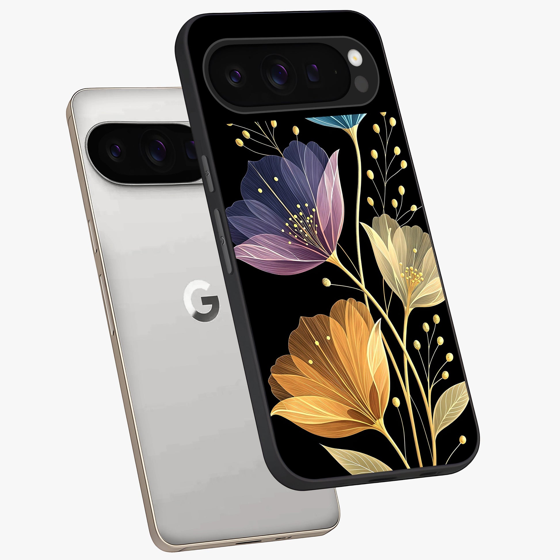 Delicate Multicolor Flowers Glass Case displayed in angled mockup highlighting colorful flower pattern with soft aesthetic style.