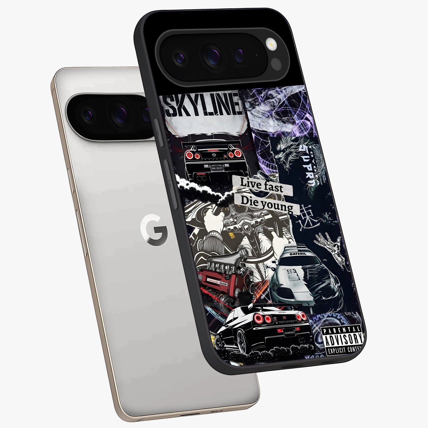 Die Young Glass Case displayed in angled mockup highlighting expressive graphic artwork with edgy aesthetic style.
