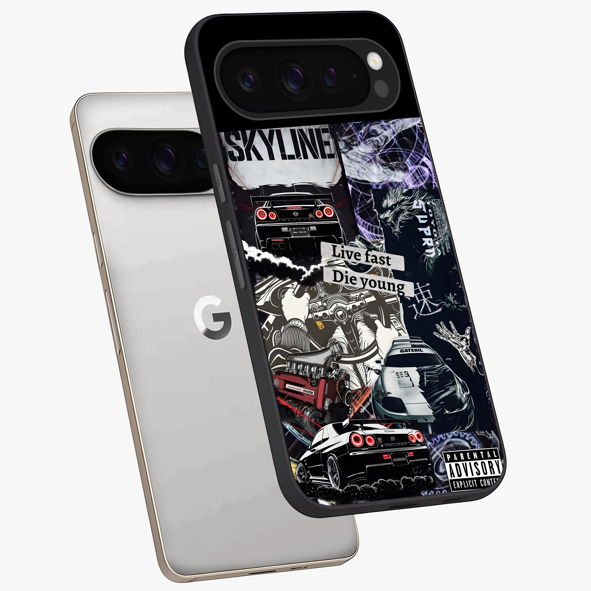 Die Young Glass Case displayed in angled mockup highlighting expressive graphic artwork with edgy aesthetic style.