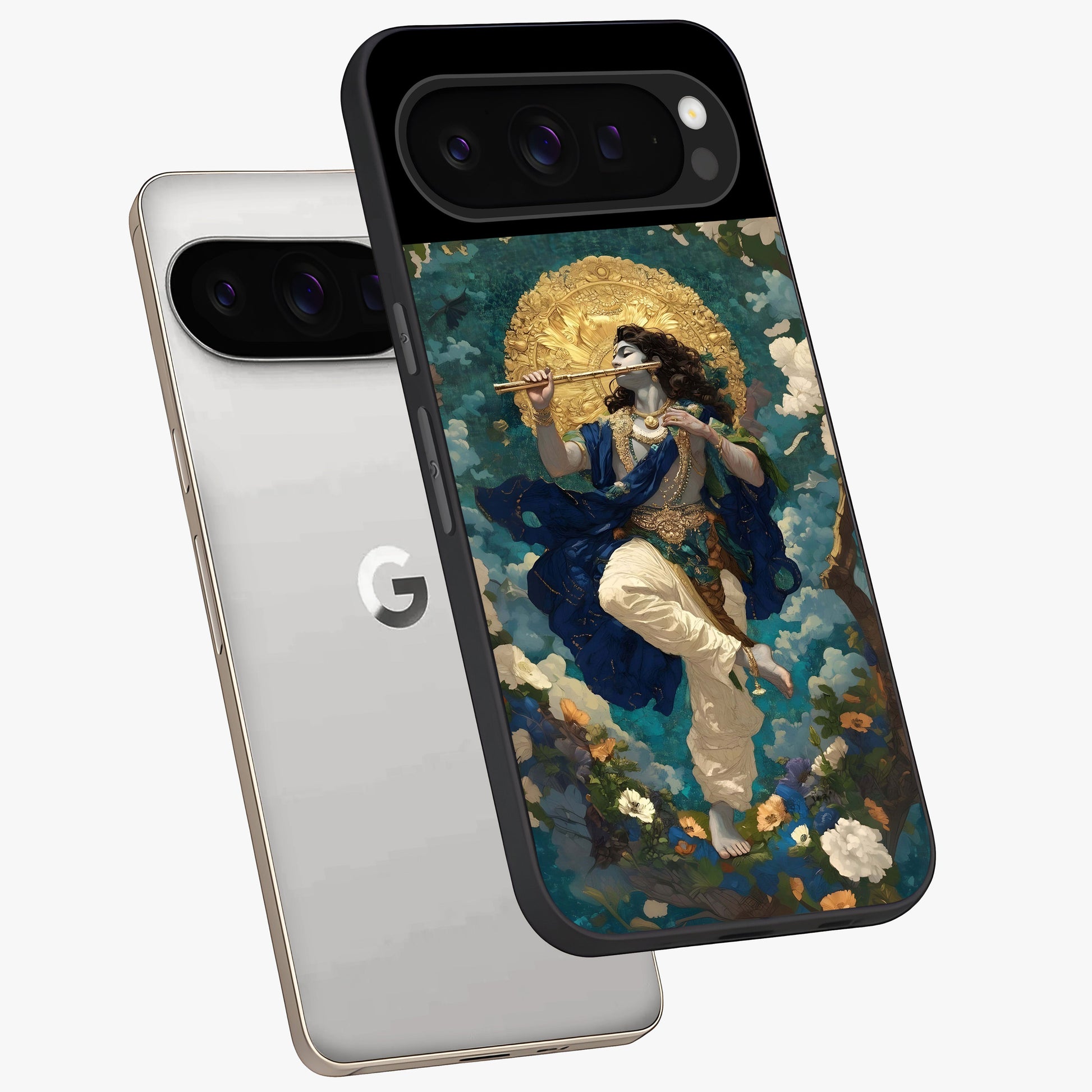 Divine Krishna Art Glass Case displayed in angled mockup highlighting spiritual Krishna illustration with devotional aesthetic.
