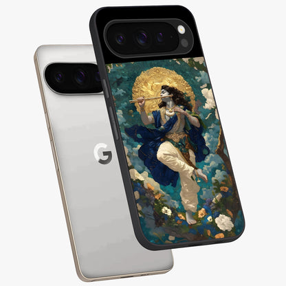 Divine Krishna Art Glass Case displayed in angled mockup highlighting spiritual Krishna illustration with devotional aesthetic.