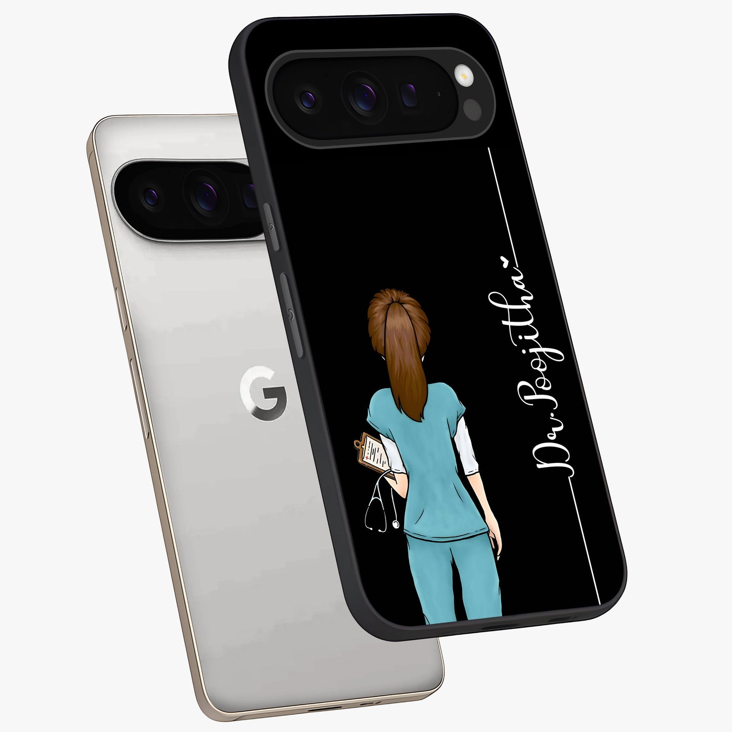 Doctor Pattern Custom Name Glass Case displayed in angled mockup highlighting doctor inspired artwork with custom name feature.