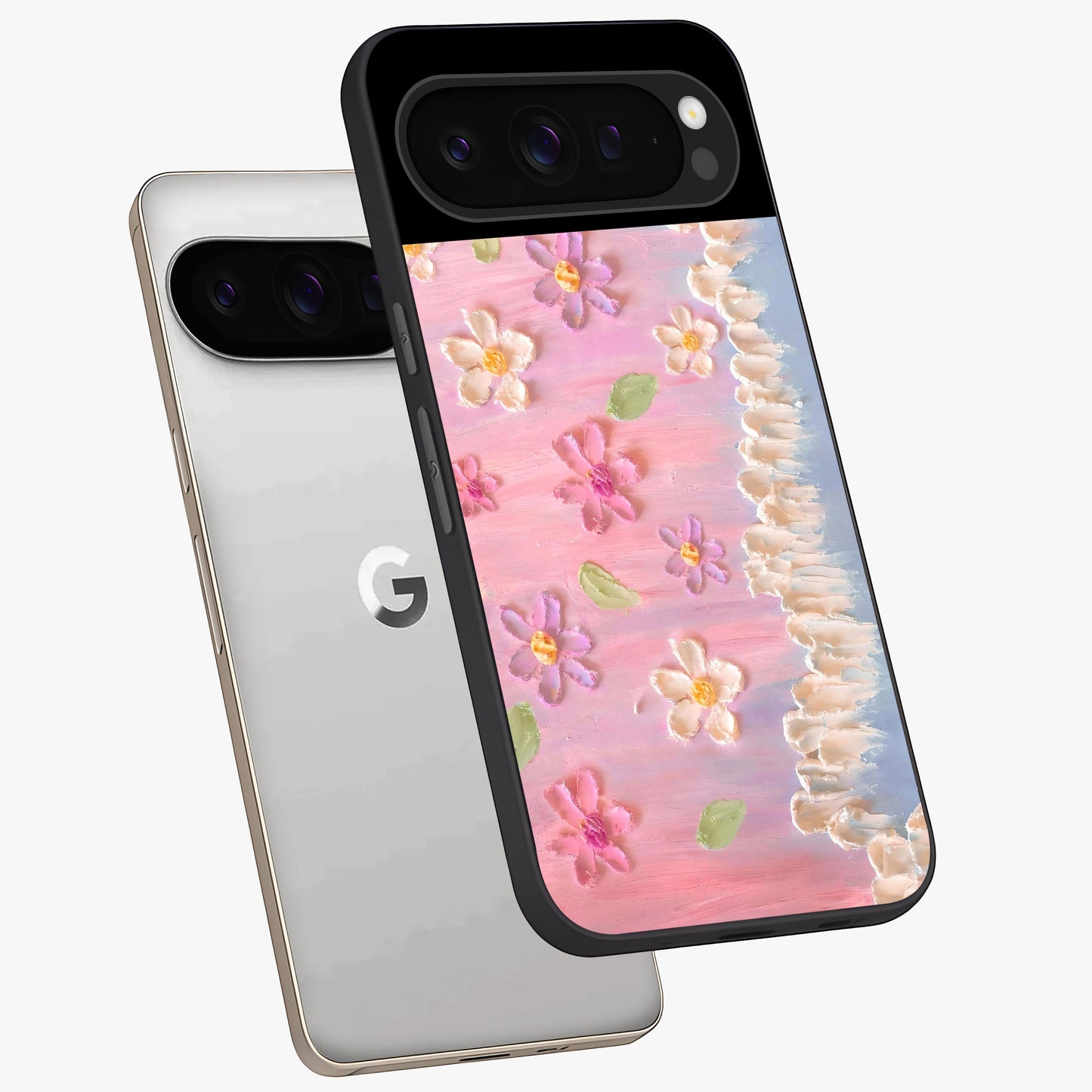 Dreamy Painted Garden Glass Case displayed in angled mockup highlighting colorful garden illustration with dreamy aesthetic style.