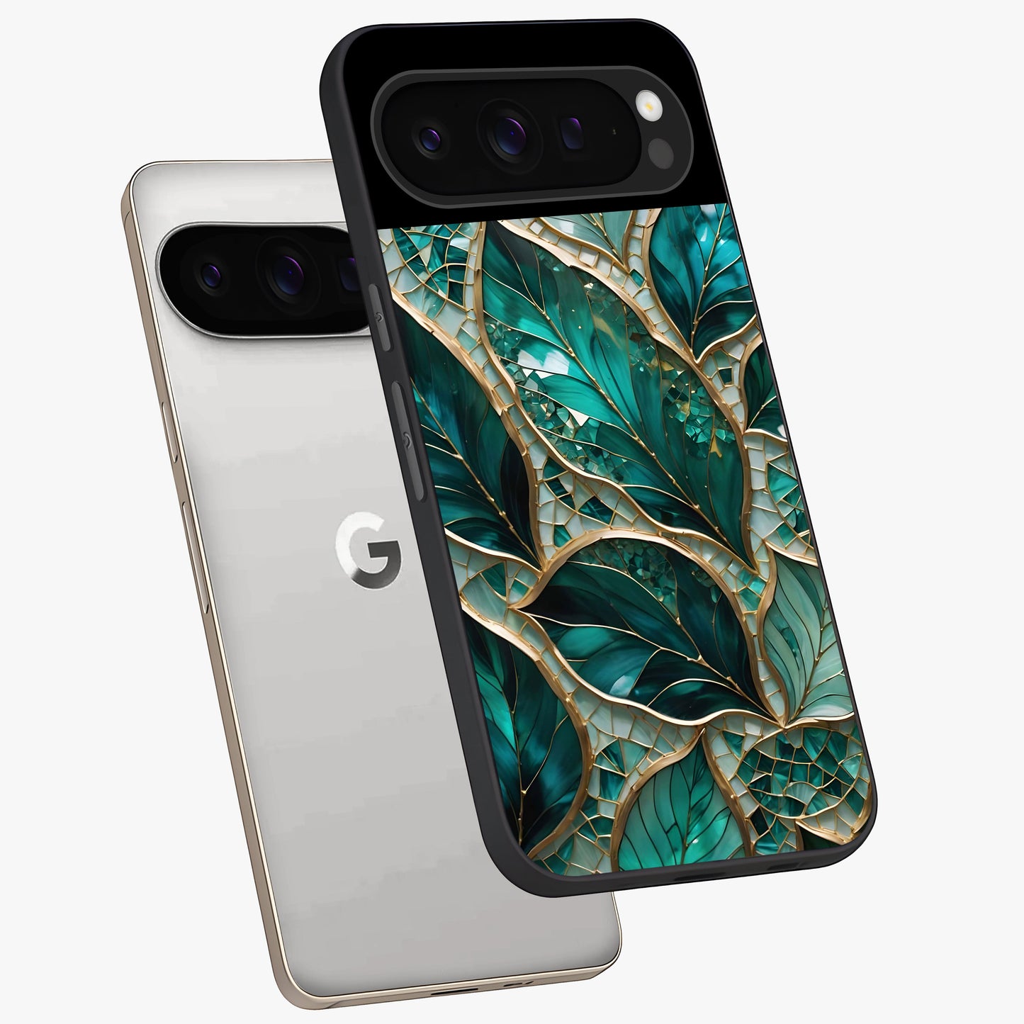 Emerald Leaf Glass Glass Case displayed in angled mockup highlighting botanical leaf illustration with elegant natural aesthetic.