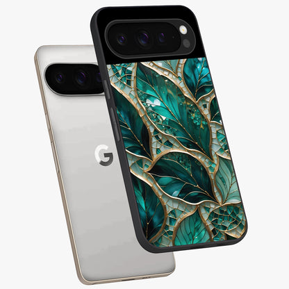 Emerald Leaf Glass Glass Case displayed in angled mockup highlighting botanical leaf illustration with elegant natural aesthetic.