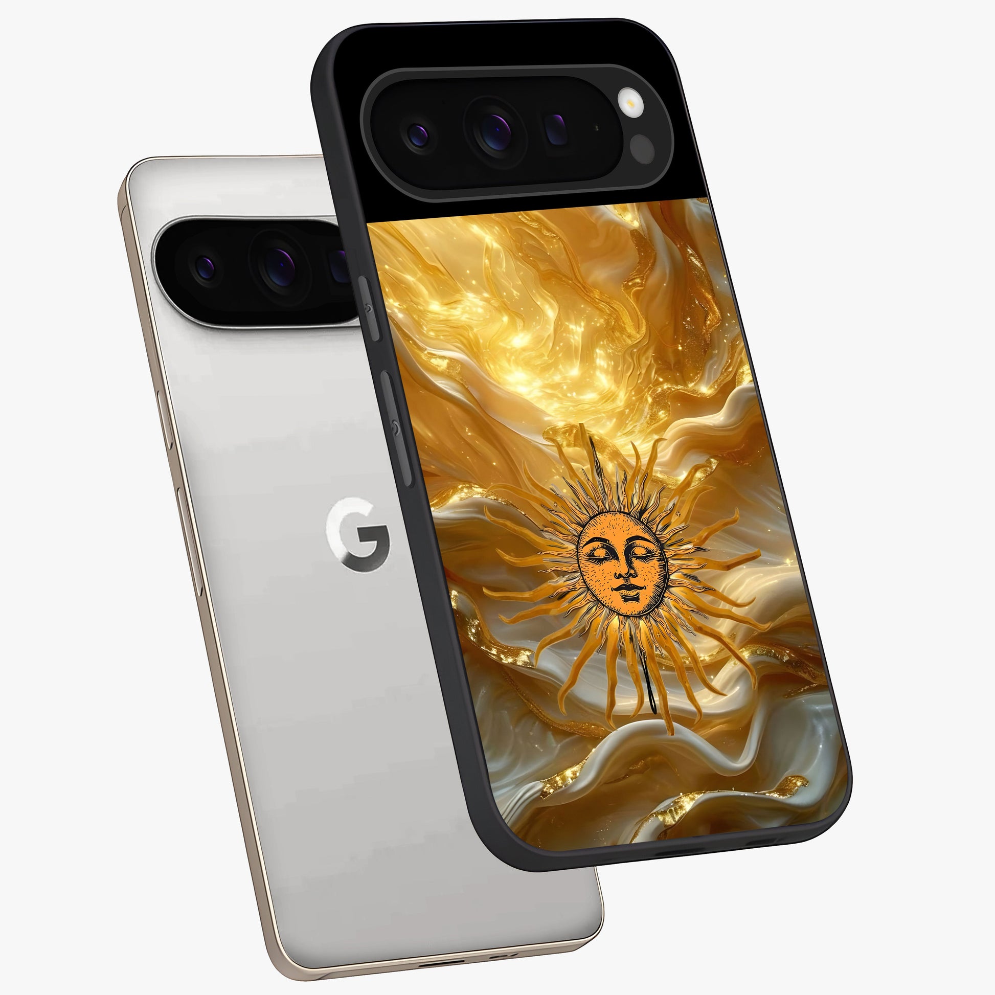 Eternal Golden Glow Glass Case displayed in angled mockup highlighting glowing golden aesthetic design with elegant style.