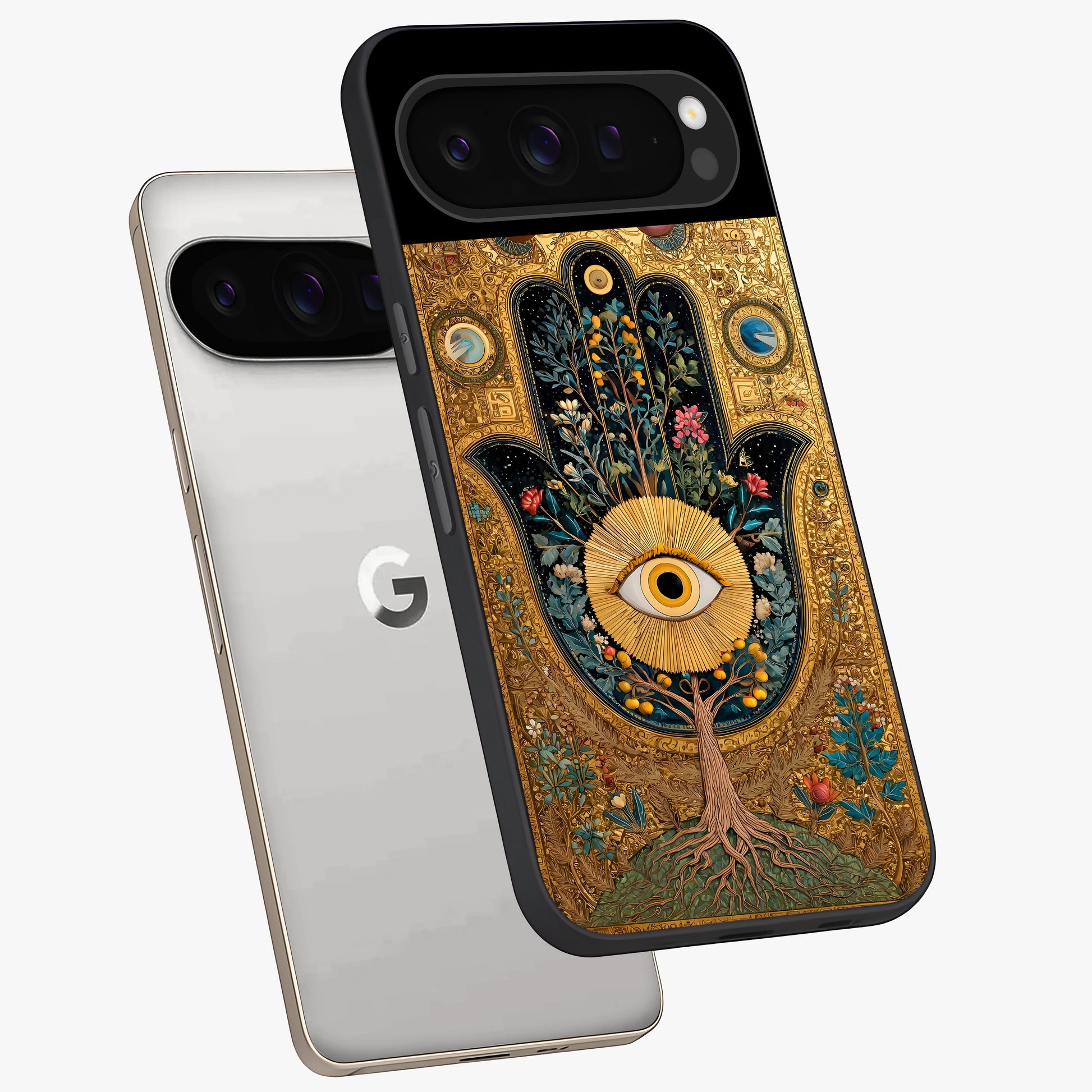 Ethereal Evil Eye Glass Case displayed in angled mockup highlighting protective evil eye symbol with spiritual aesthetic design.