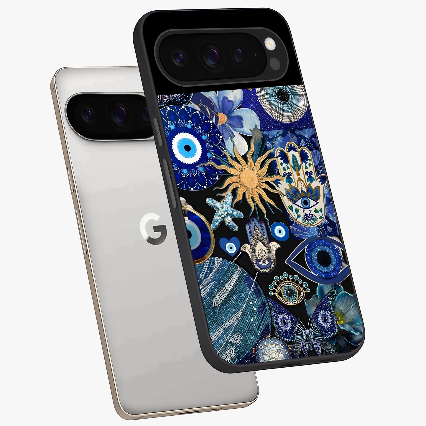 Evil Eye Charm Mix Glass Case displayed in angled mockup highlighting protective evil eye symbols with spiritual aesthetic design.