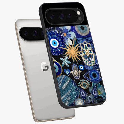 Evil Eye Charm Mix Glass Case displayed in angled mockup highlighting protective evil eye symbols with spiritual aesthetic design.