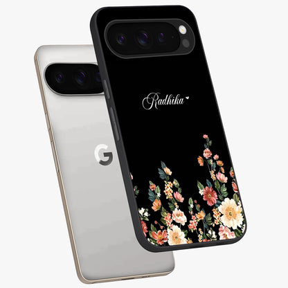 Floral Design With a Custom Personalized Name Glass Case displayed in angled mockup highlighting elegant floral pattern with custom name feature.