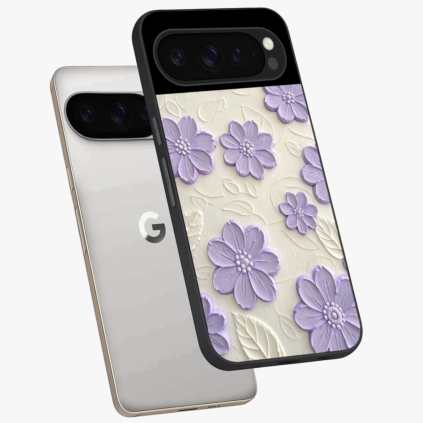 Floral Wall Art With Purple Flowers Glass Case displayed in angled mockup highlighting vibrant purple floral illustration with artistic aesthetic.