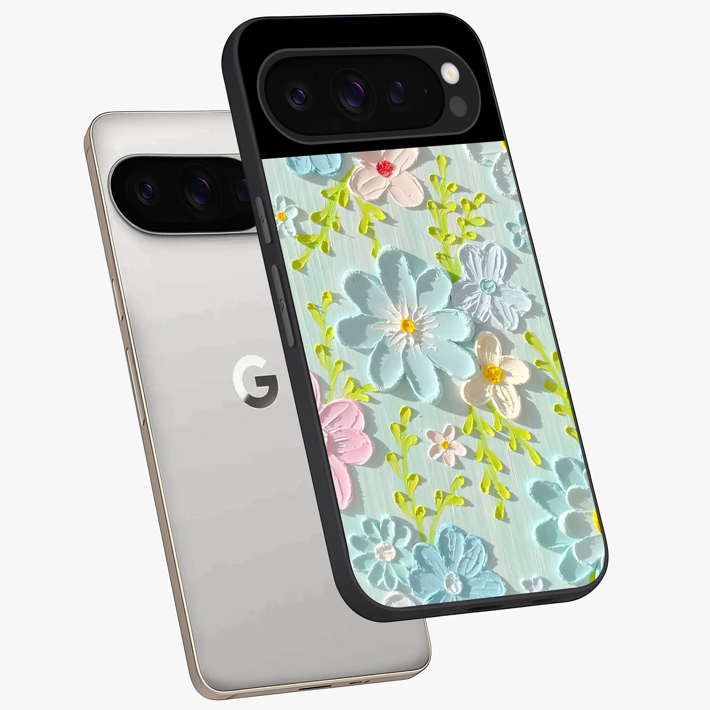 Frosted Petal Garden Glass Case displayed in angled mockup highlighting delicate flower petal design with calm garden aesthetic.