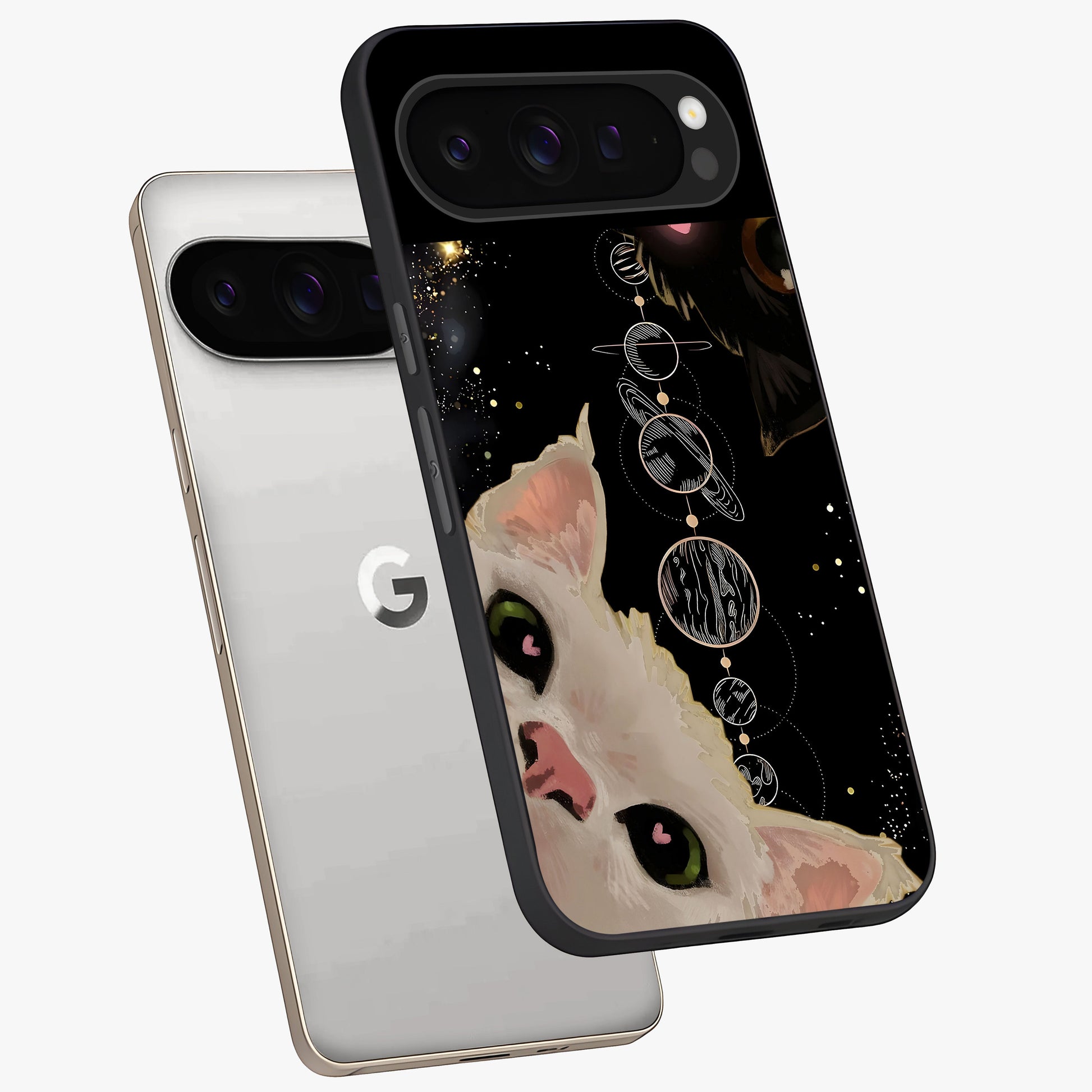 Galactic Cat Glass Case displayed in angled mockup highlighting celestial feline illustration with galaxy aesthetic style.