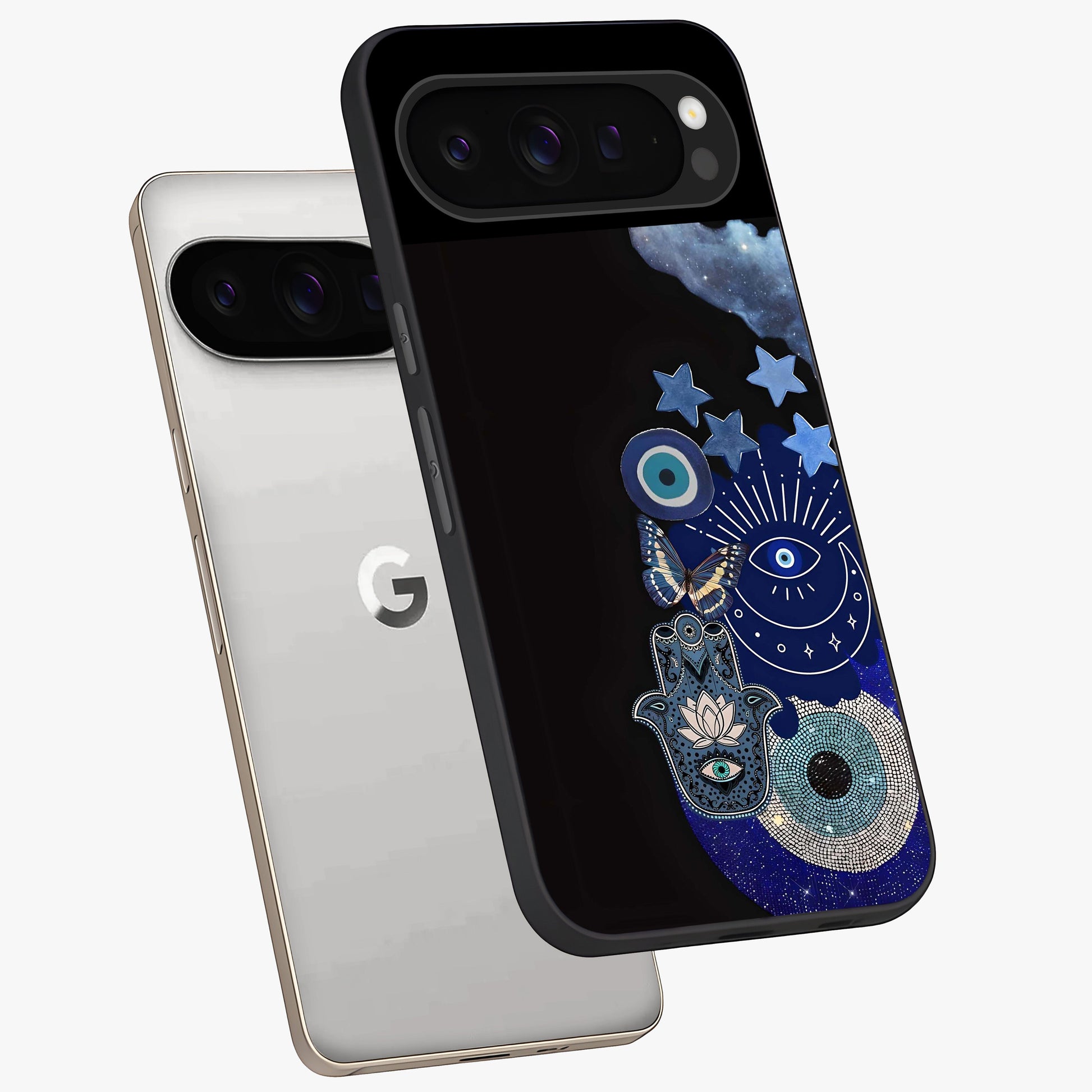 Galactic Charm Cluster Glass Case displayed in angled mockup highlighting luminous galaxy inspired design with dreamy aesthetic.