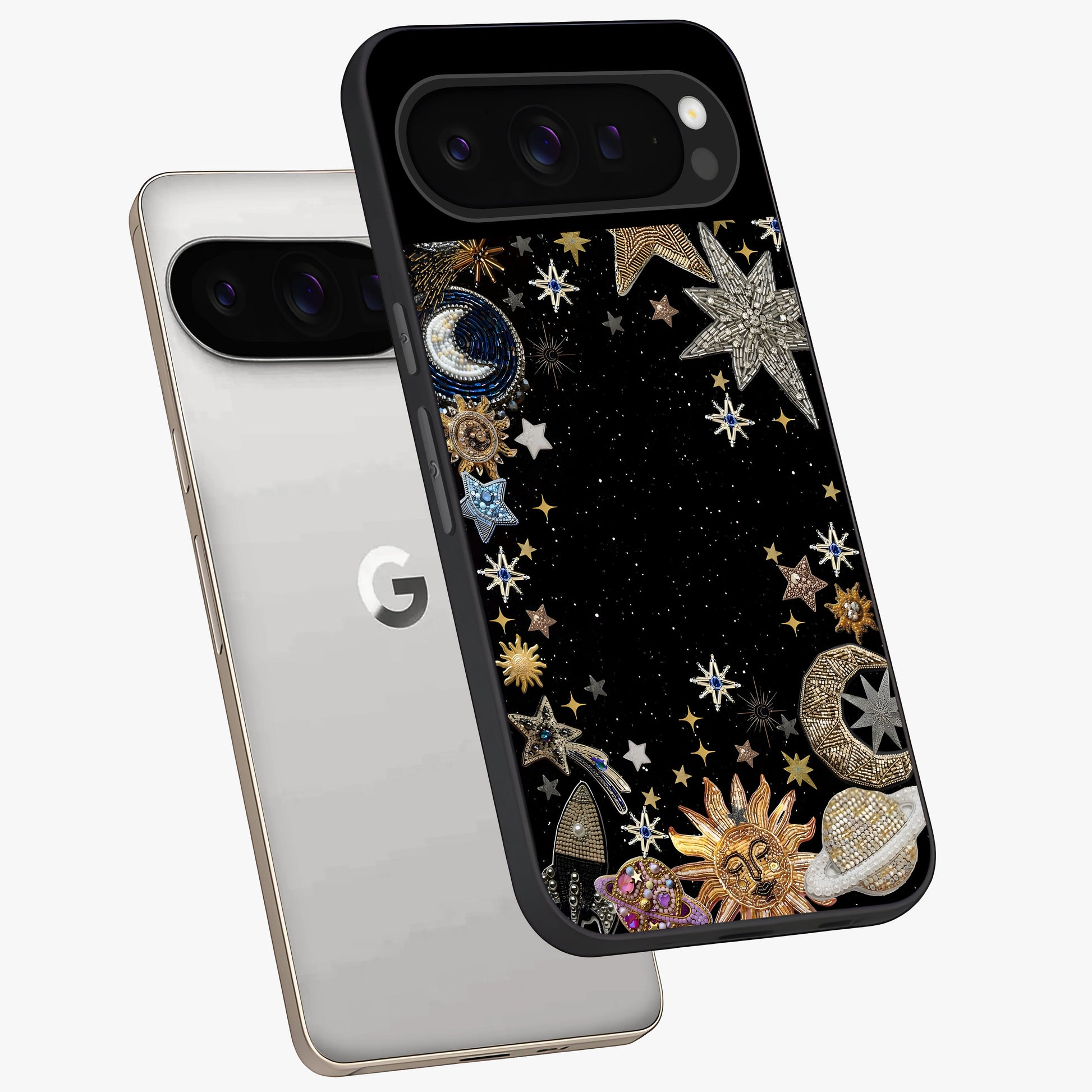 Galactic Jewel Stars Glass Case displayed in angled mockup highlighting shining celestial star design with cosmic aesthetic style.