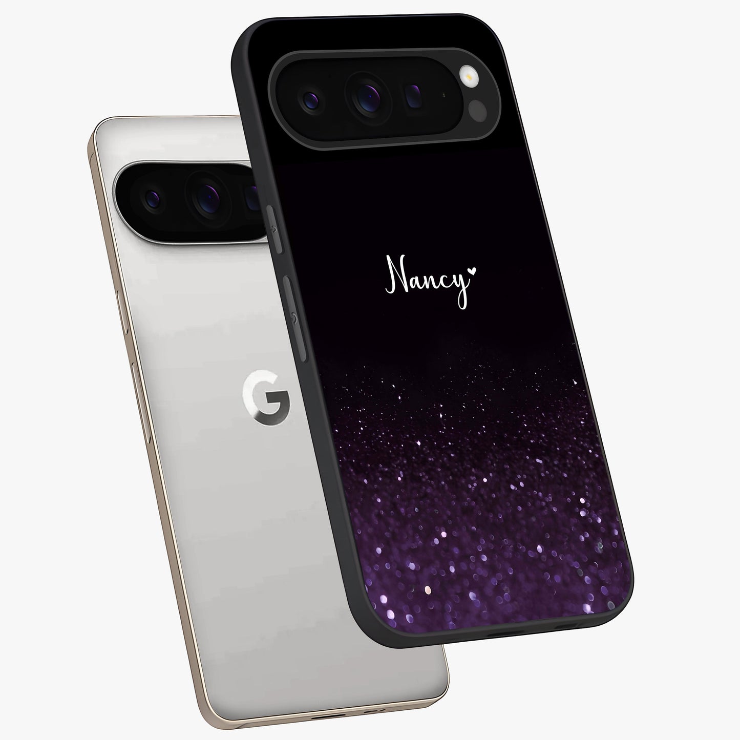 Glittery Purple Bokeh Custom Name Glass Case displayed in angled mockup highlighting glitter bokeh pattern with custom name feature.