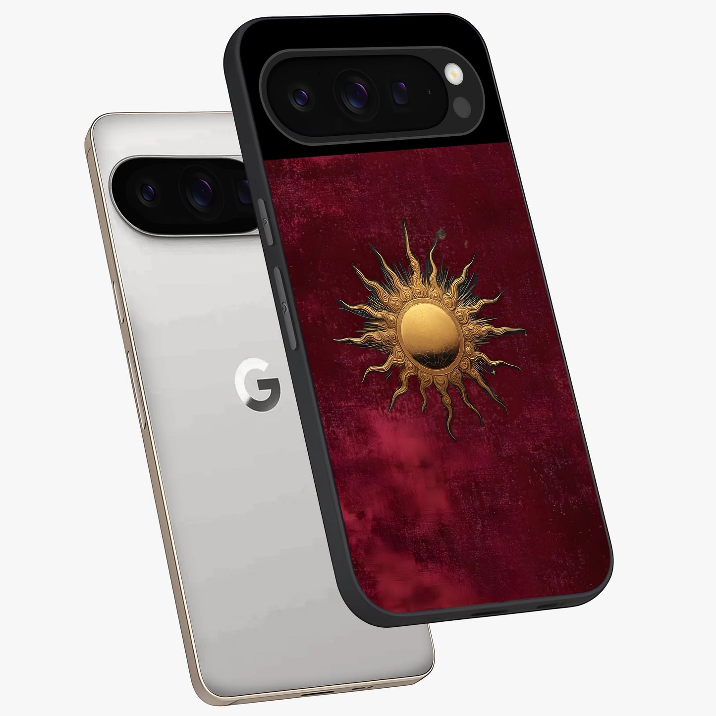Golden Sun Minimalism Glass Case displayed in angled mockup highlighting clean sun symbol design with modern minimal aesthetic.