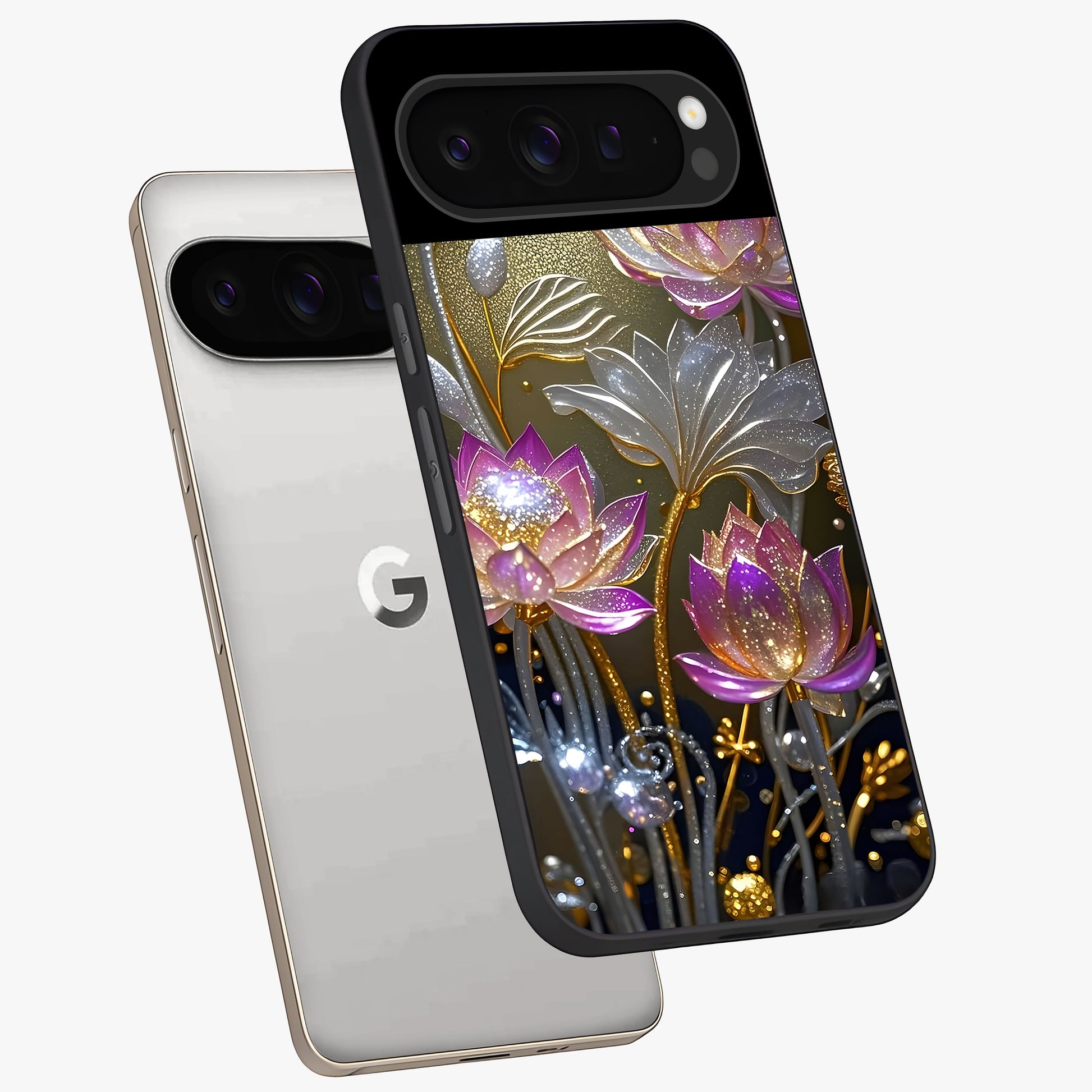 Golden Floral Majesty Glass Case displayed in angled mockup highlighting elegant flower design with royal golden aesthetic.