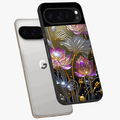 Golden Floral Majesty Glass Case displayed in angled mockup highlighting elegant flower design with royal golden aesthetic.