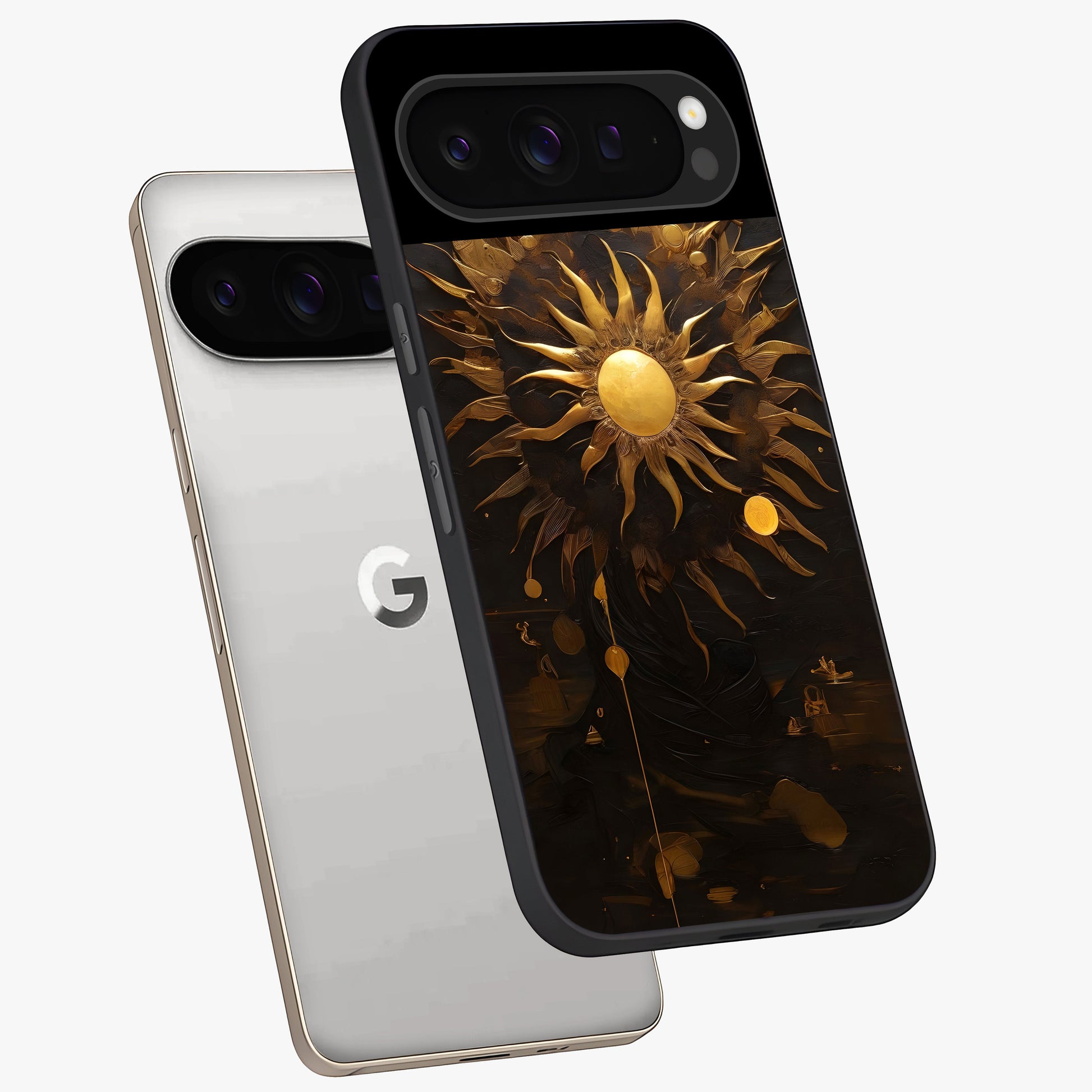 Golden Sun Majesty Glass Case displayed in angled mockup highlighting eerie shadow illustration with gothic aesthetic.