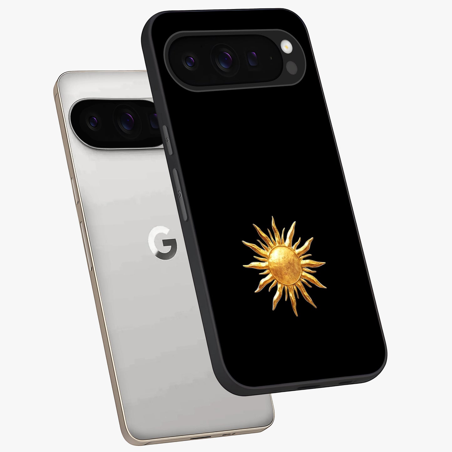 Golden Sun Minimalism Glass Case displayed in angled mockup highlighting eerie shadow illustration with gothic aesthetic.