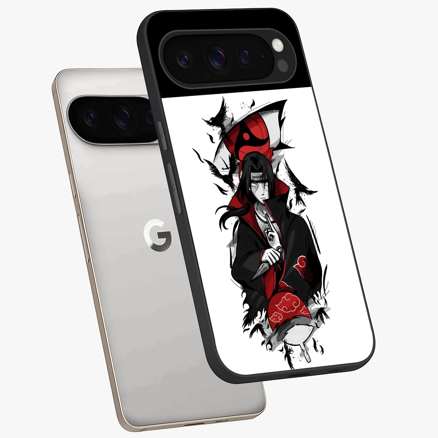 Itachi Limited Edition Naruto Anime Glass Case displayed in angled mockup highlighting dramatic anime illustration with bold action aesthetic.