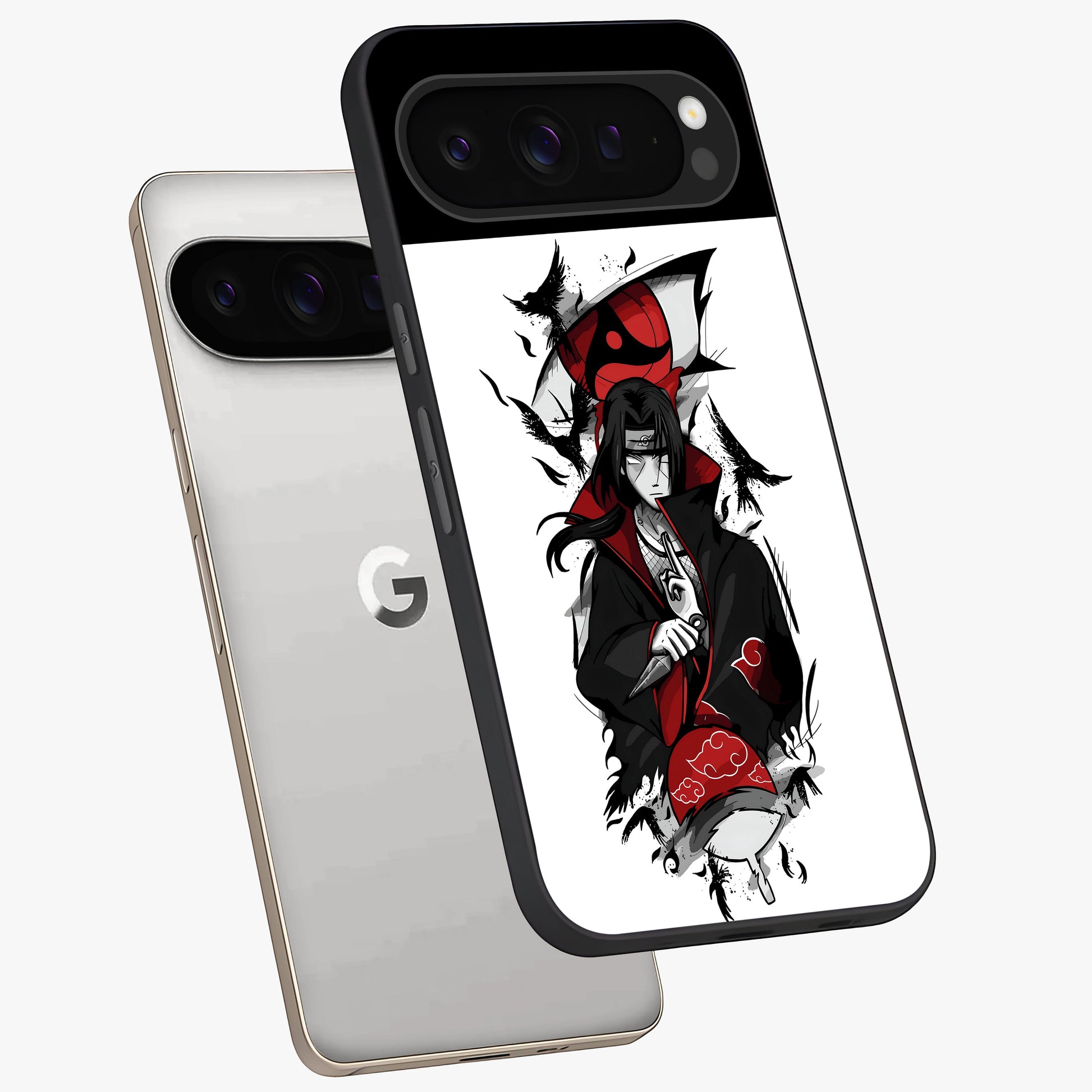 Itachi Limited Edition Naruto Anime Glass Case displayed in angled mockup highlighting dramatic anime illustration with bold action aesthetic.