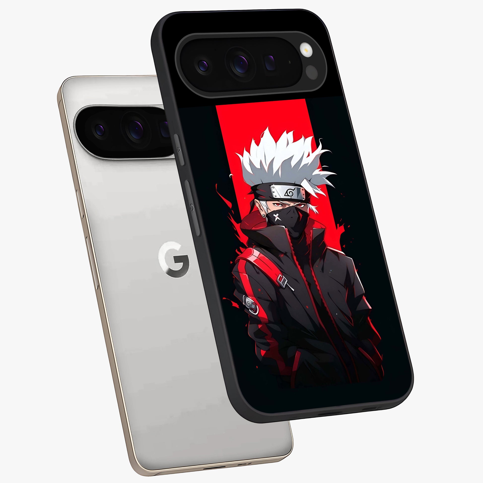 Kakashi Scarlet Shadow Glass Case displayed in angled mockup highlighting dramatic ninja illustration with scarlet themed aesthetic.