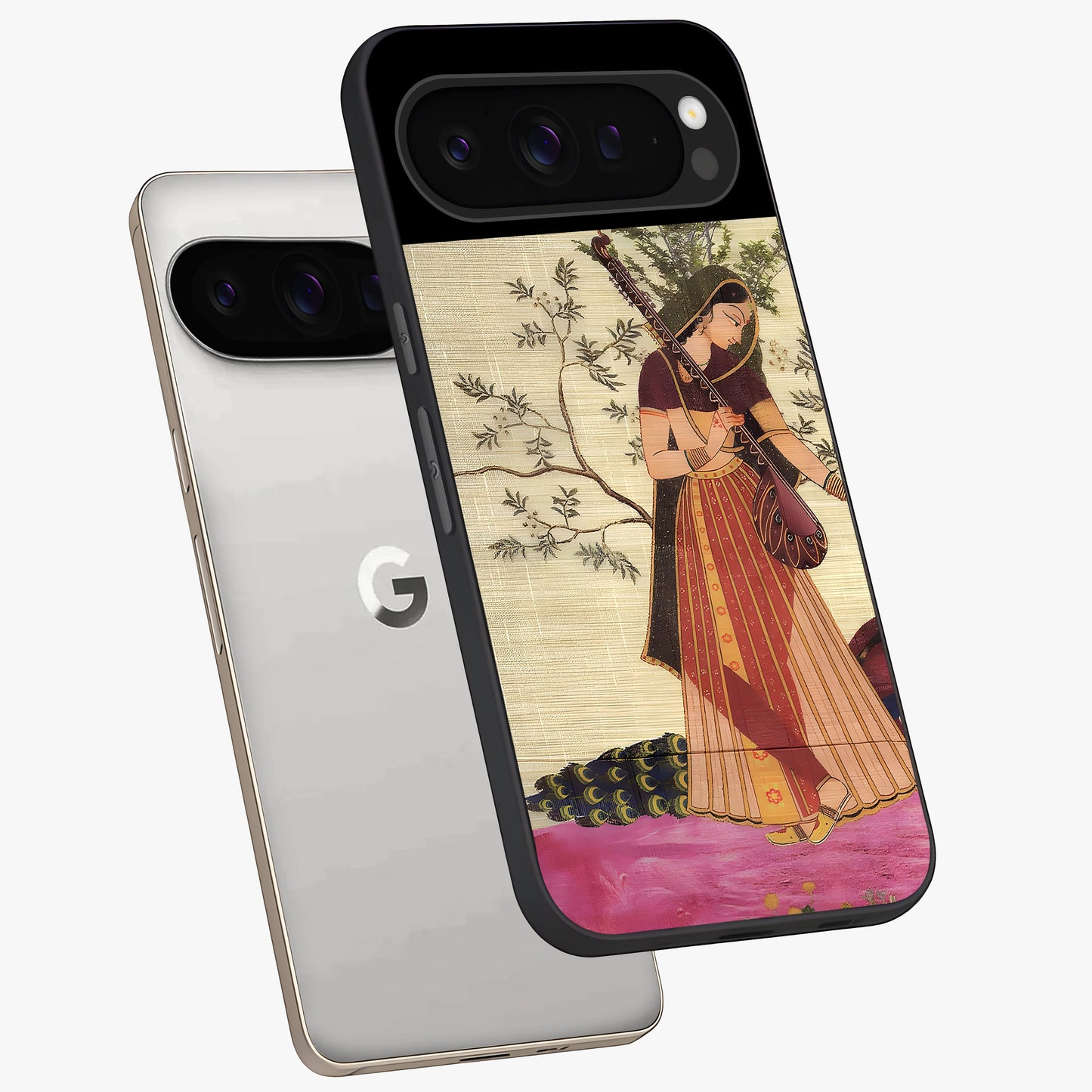 Lady With Veena Art Glass Case displayed in angled mockup highlighting graceful musical illustration with cultural artistic aesthetic.