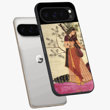 Lady With Veena Art Glass Case displayed in angled mockup highlighting graceful musical illustration with cultural artistic aesthetic.