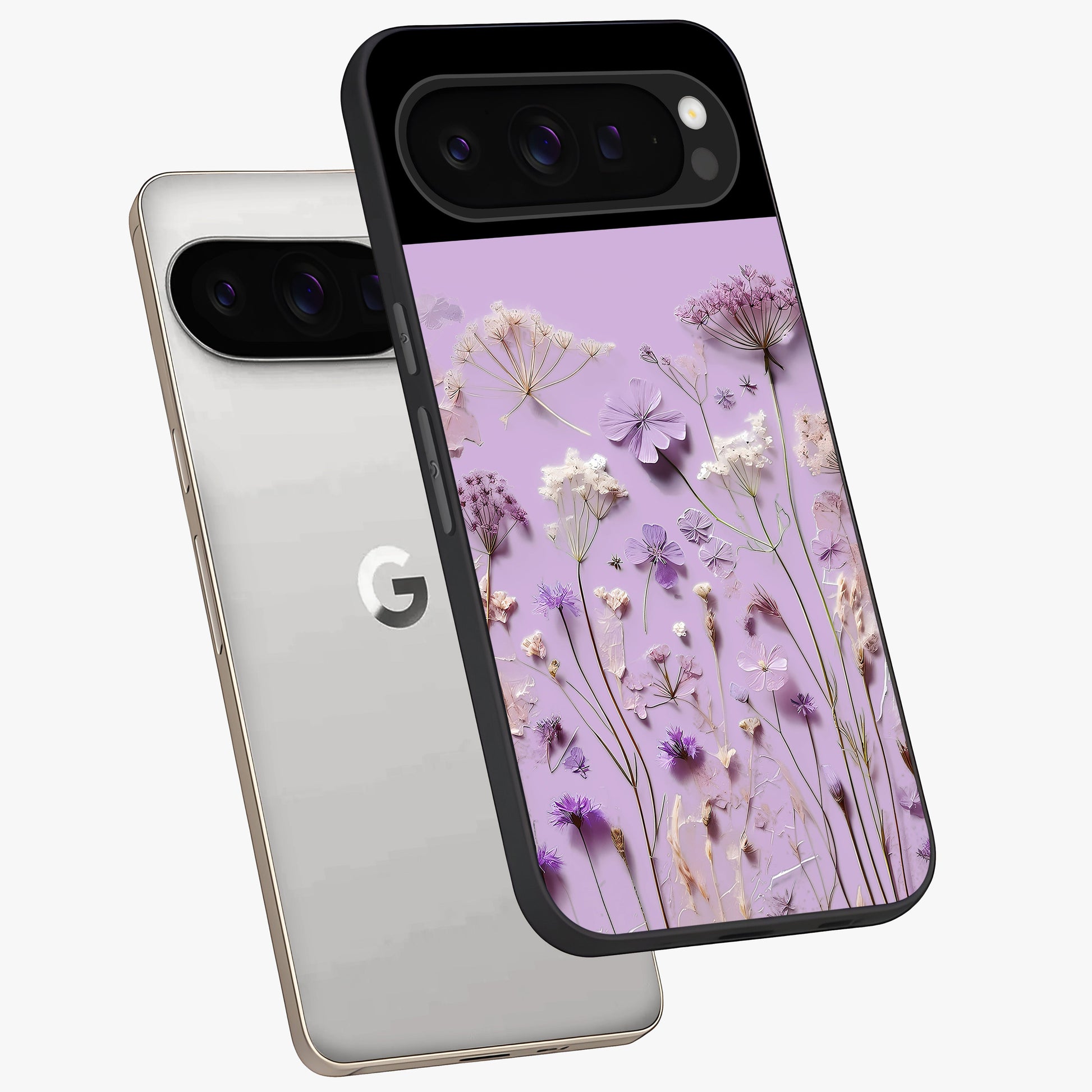Lavender Blossom Dream Glass Case displayed in angled mockup highlighting dreamy lavender flower design with calming aesthetic style.