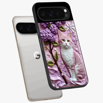 Lavender Cat Whimsy Glass Case displayed in angled mockup highlighting playful feline illustration with pastel lavender aesthetic.