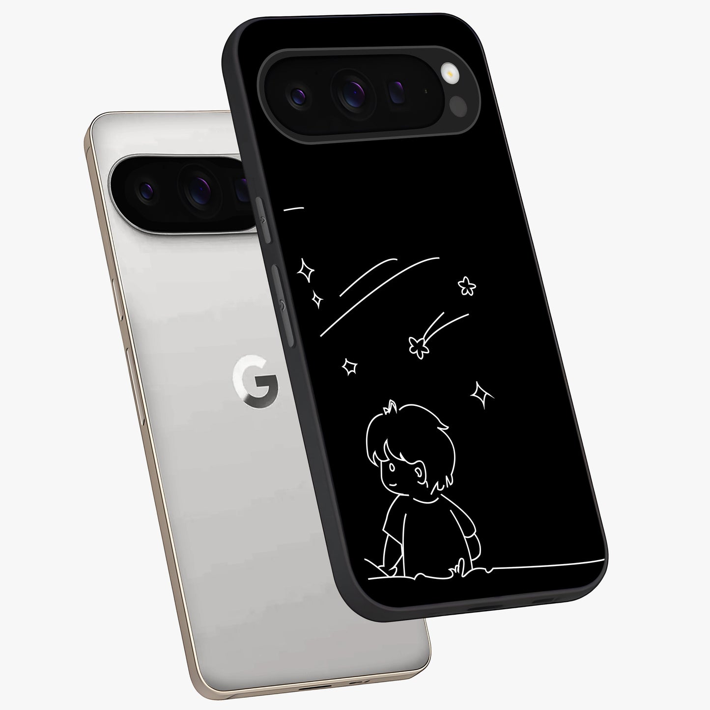 Line Art Boy With Shooting Stars Glass Case displayed in angled mockup highlighting elegant line art design with dreamy star aesthetic.