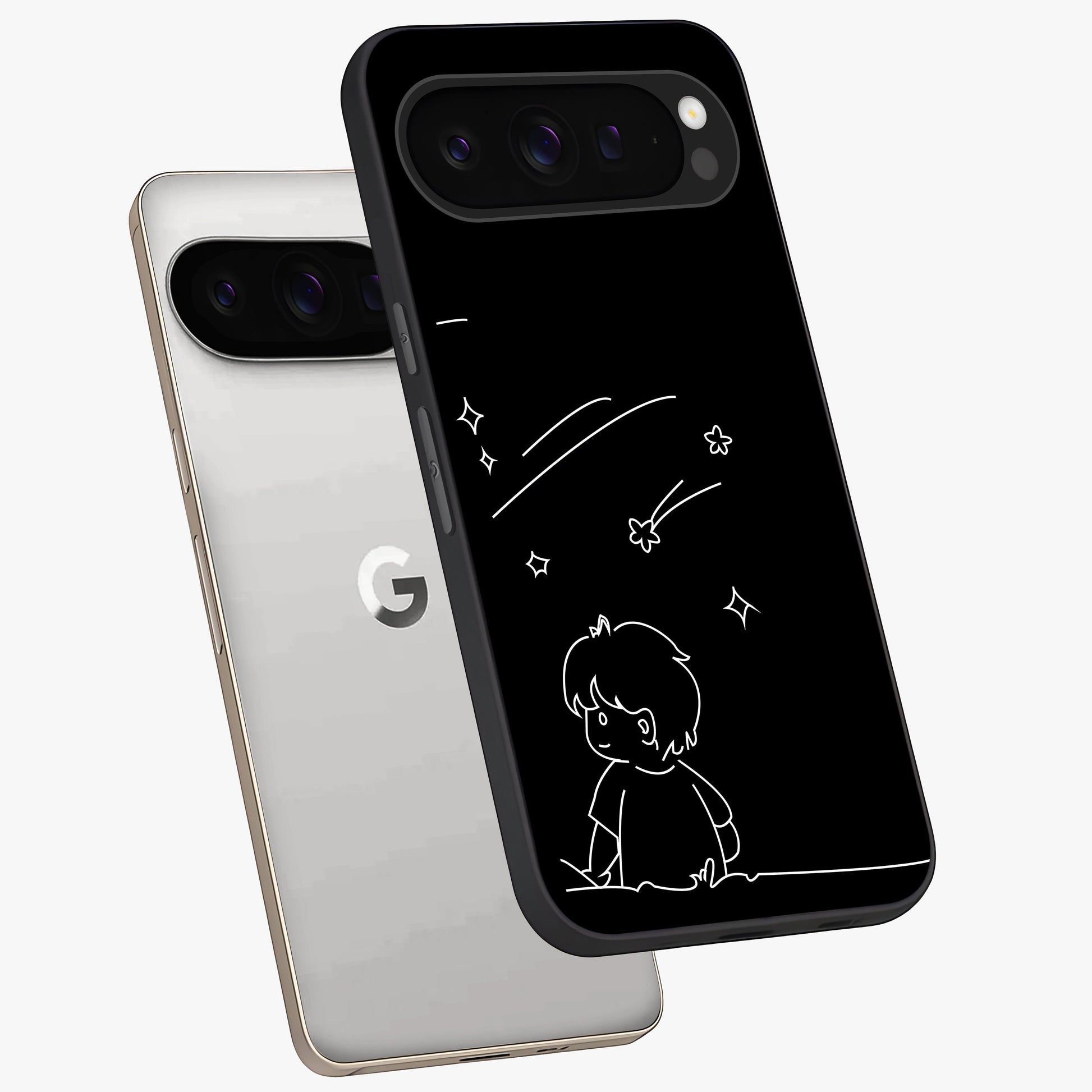 Line Art Boy With Shooting Stars Glass Case displayed in angled mockup highlighting elegant line art design with dreamy star aesthetic.