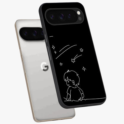 Line Art Boy With Shooting Stars Glass Case displayed in angled mockup highlighting elegant line art design with dreamy star aesthetic.