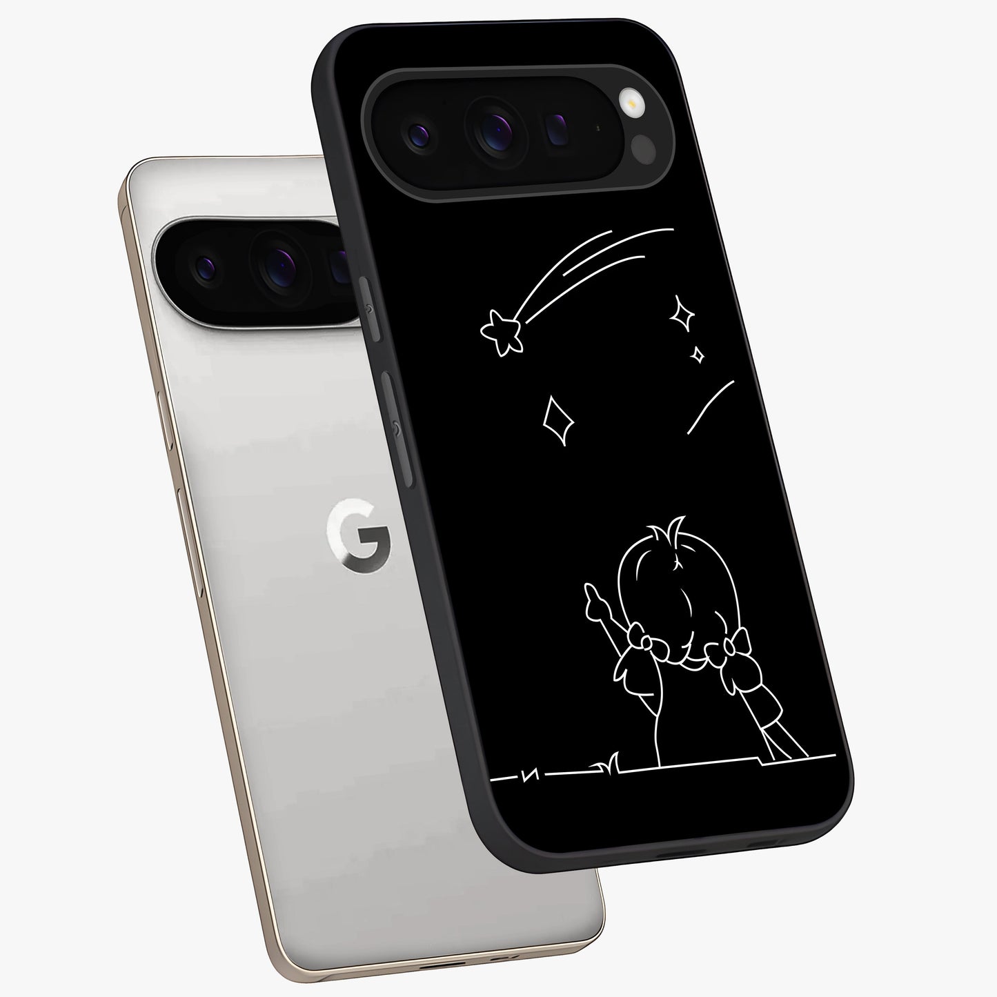 Line Art Girl With Shooting Stars Glass Case displayed in angled mockup highlighting elegant line art design with dreamy star aesthetic.