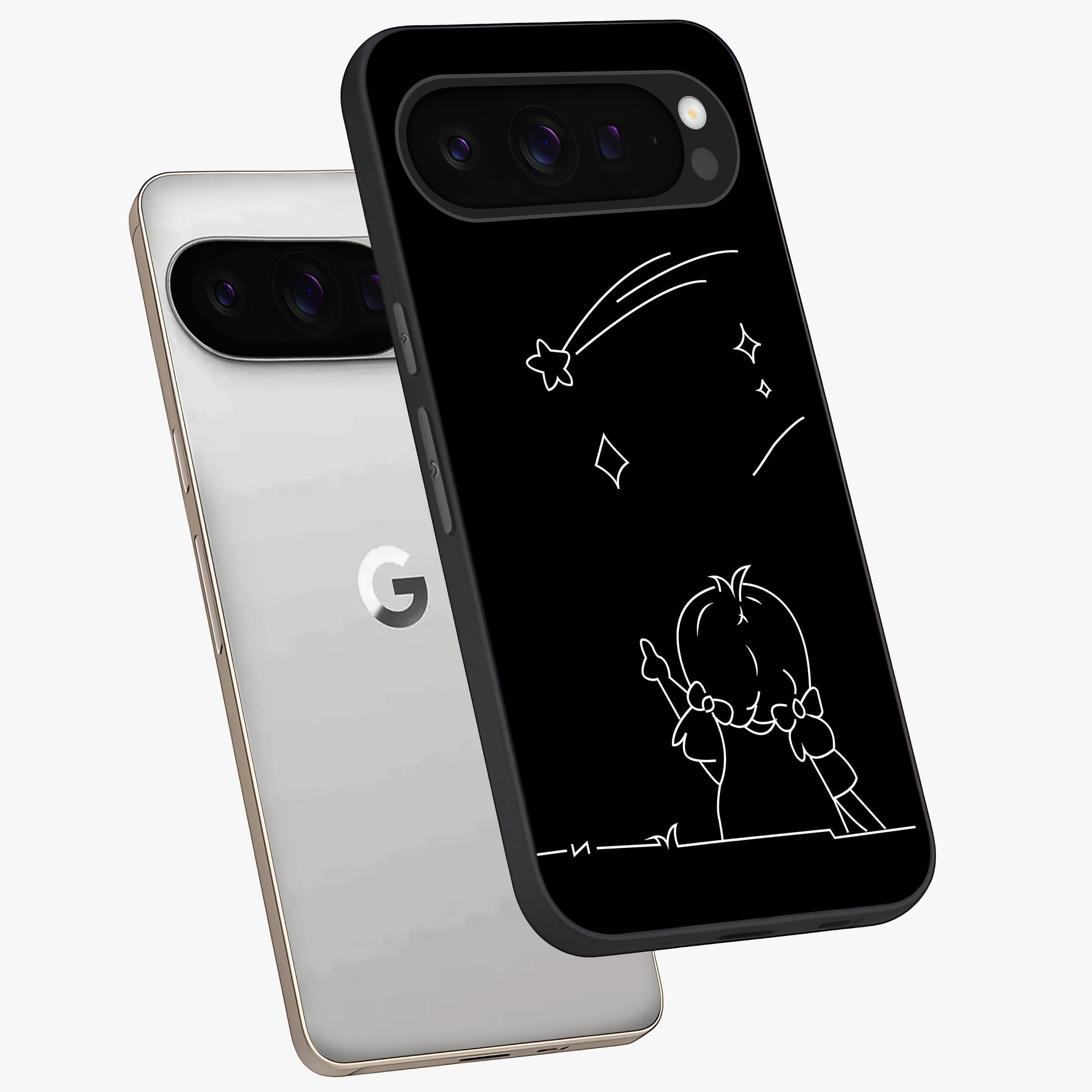 Line Art Girl With Shooting Stars Glass Case displayed in angled mockup highlighting elegant line art design with dreamy star aesthetic.