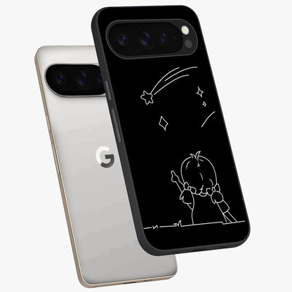 Line Art Girl With Shooting Stars Glass Case displayed in angled mockup highlighting elegant line art design with dreamy star aesthetic.