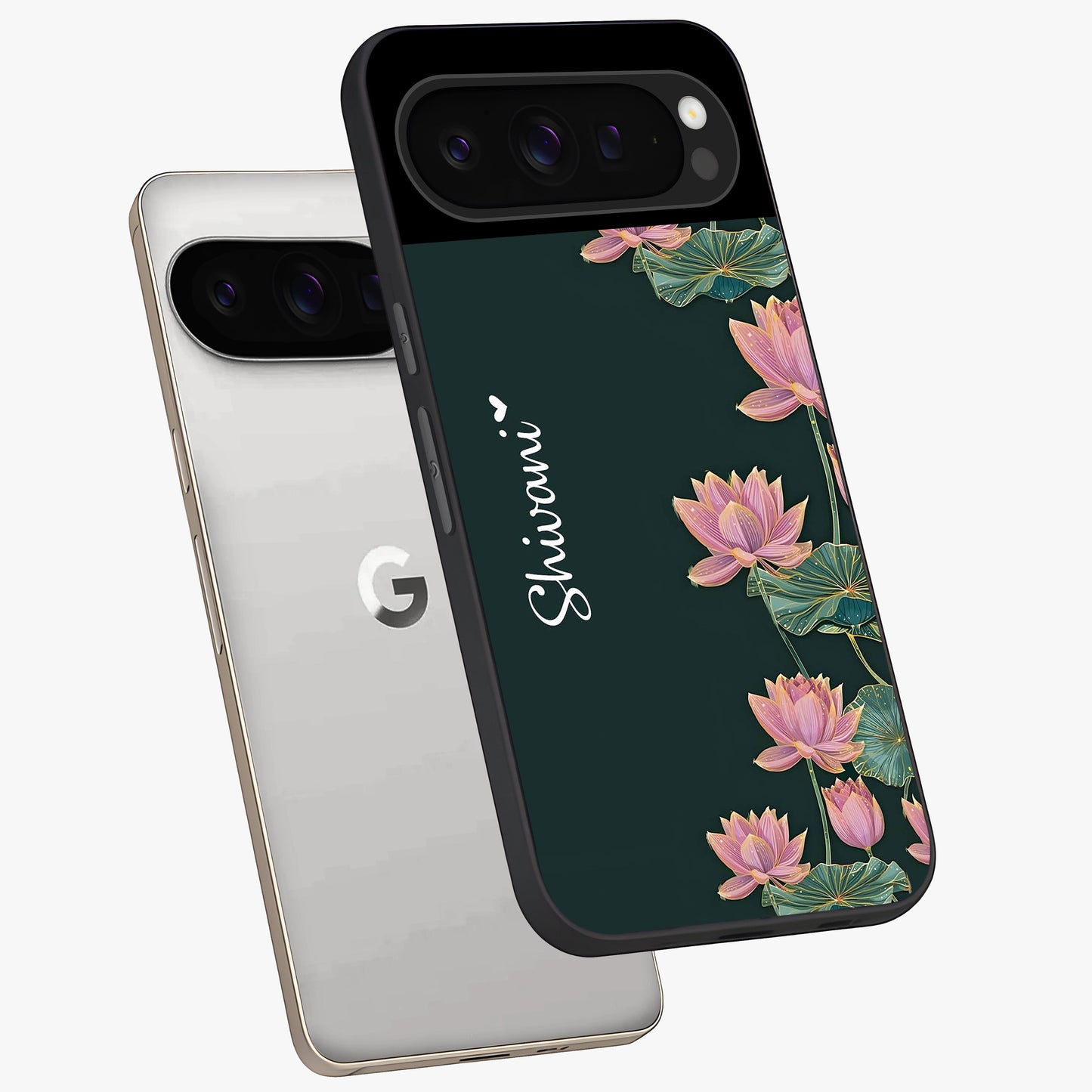 Lotus Bloom Serenity Custom Name Glass Case displayed in angled mockup highlighting graceful lotus illustration with custom name feature.