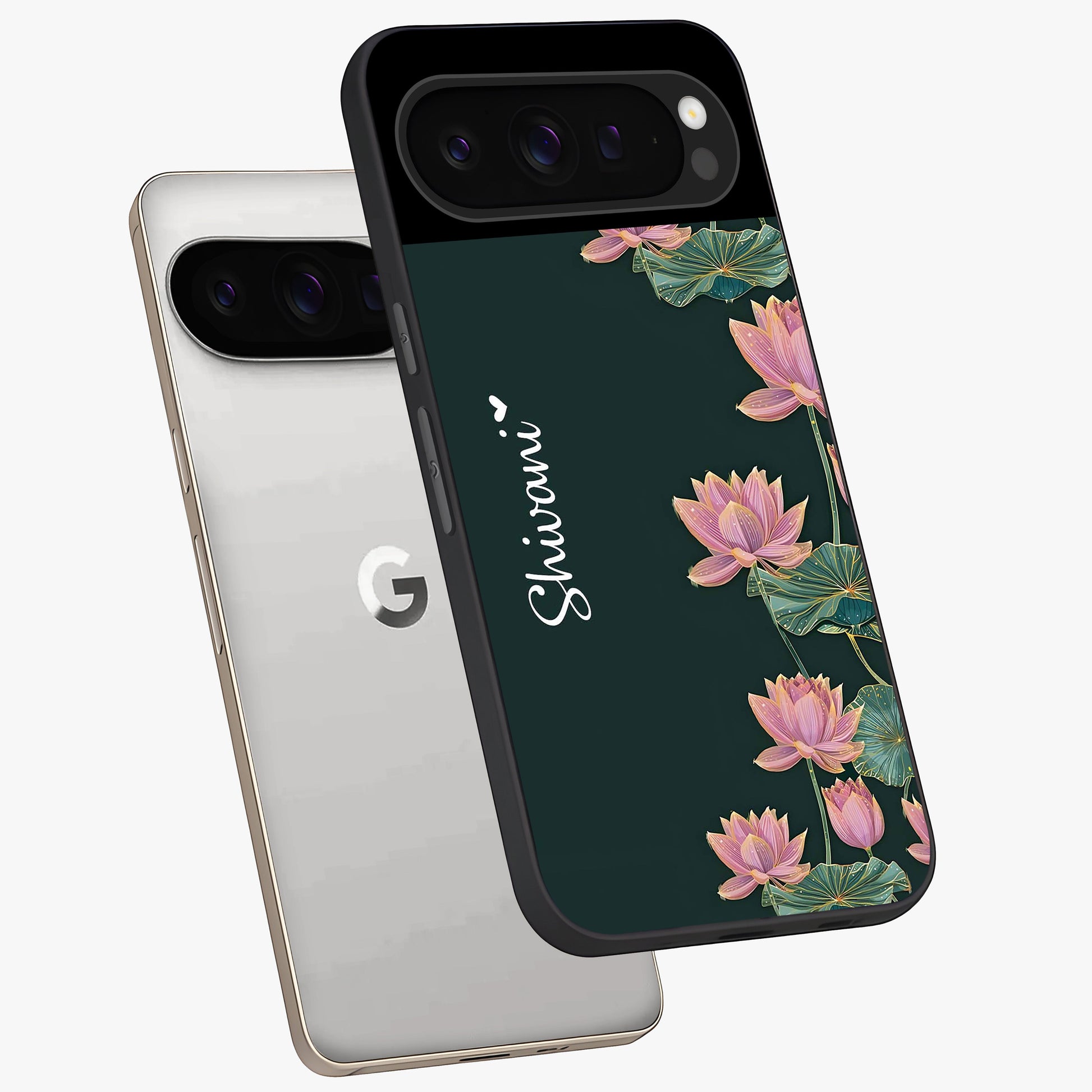 Lotus Bloom Serenity Custom Name Glass Case displayed in angled mockup highlighting graceful lotus illustration with custom name feature.