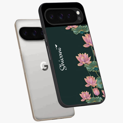 Lotus Bloom Serenity Custom Name Glass Case displayed in angled mockup highlighting graceful lotus illustration with custom name feature.