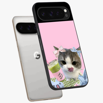 Love Matcha Cat Glass Case displayed in angled mockup highlighting playful feline illustration with cozy matcha aesthetic.