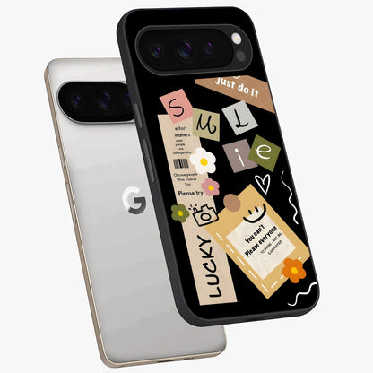 Lucky Aesthetic Collage Glass Case displayed in angled mockup highlighting stylish collage pattern with modern aesthetic vibe.
